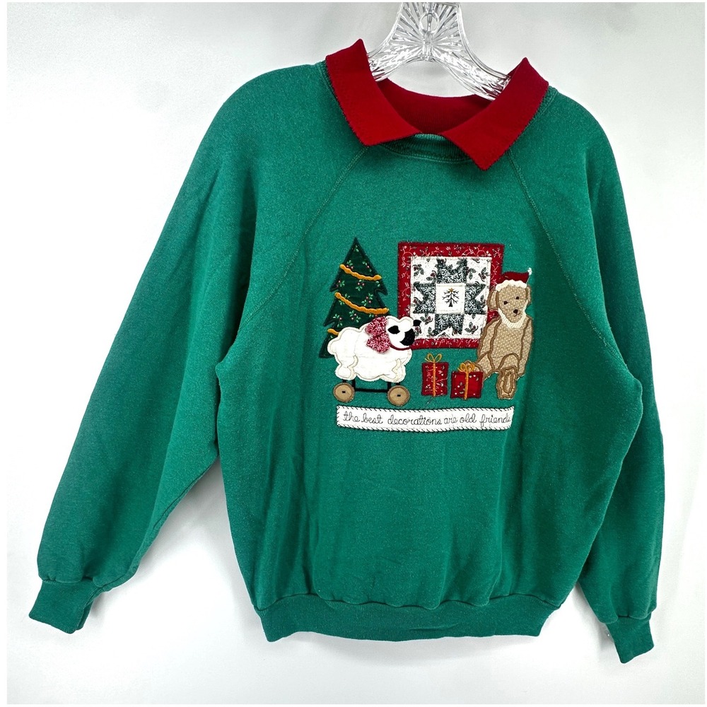 Vintage Valories Folk Art Applique Christmas Sweatshirt Green Red Collar Large